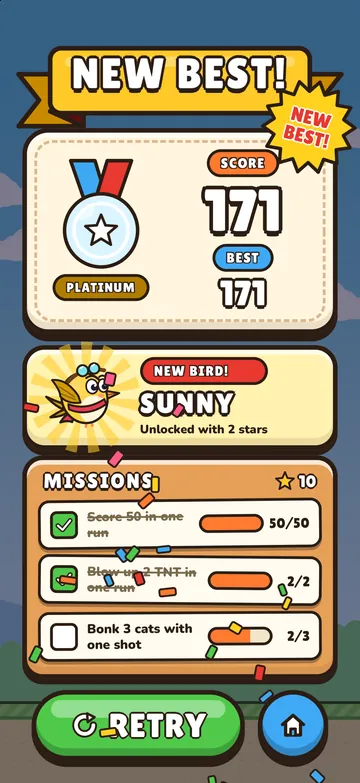 The NEW BEST! screen: a score of 171 with a platinum medal, and a new yellow bird called Sunny, unlocked with 2 stars.