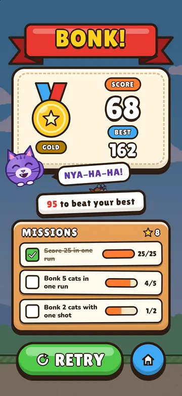The BONK! results screen: a gold medal, a score of 68 and a best of 162, a laughing cat saying NYA-HA-HA!, and three missions with progress bars.