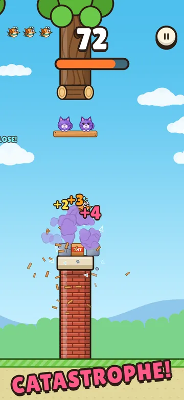 Pip slingshots into an alley cats' fort on a brick chimney. The cats burst into purple smoke for +2, +3 and +4 points and a CATASTROPHE! callout.