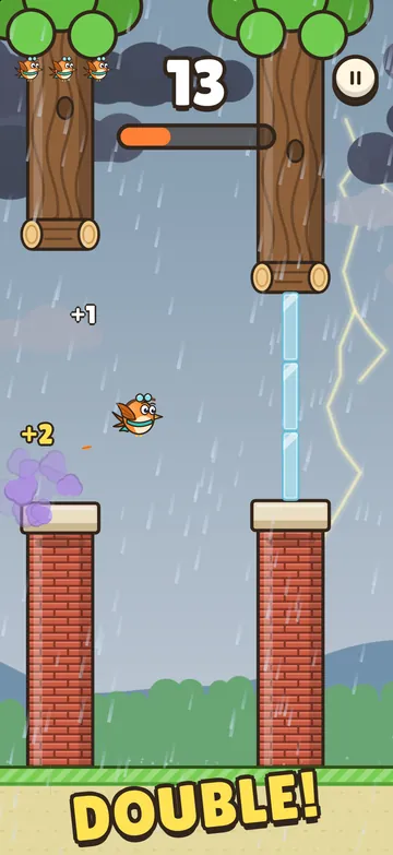 A thunderstorm: rain streaks across a grey sky, lightning strikes behind a glass gate, and Pip flies on after a DOUBLE! bonk.