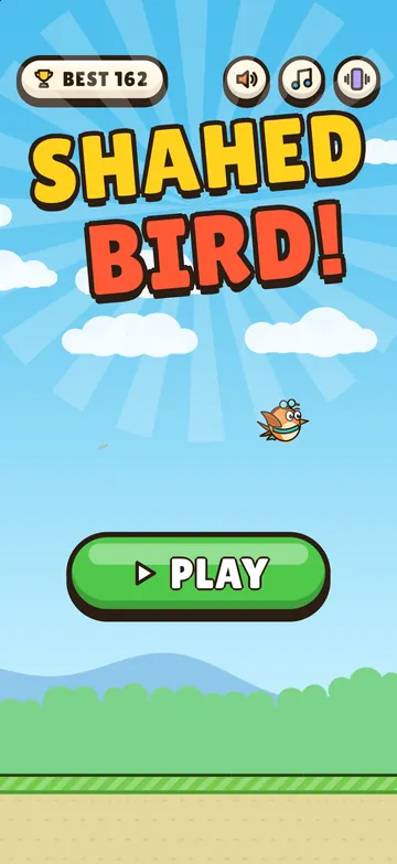 The title screen: the tilted SHAHED BIRD! logo in a sunny sky, Pip hovering above a green PLAY button, and a best score of 162.