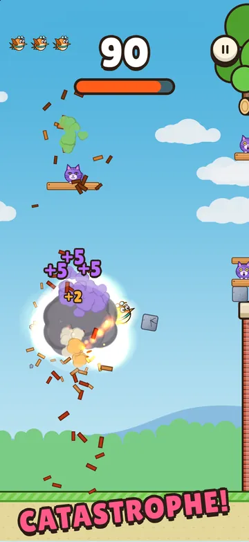 A TNT crate explodes inside a cat fort, scoring +5 three times, with a CATASTROPHE! callout.